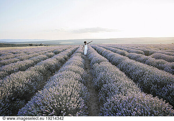 Young woman with hand raised walking amidst lavender field