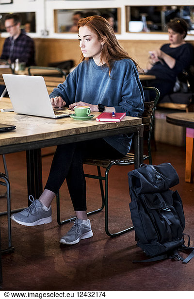 Young woman with long red hair sitting at table  working on laptop computer.