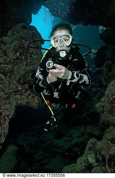 Young woman with scuba diving equipment dives into cave  Red Sea  Egypt  Africa