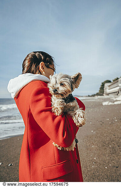 Young woman with Yorkshire terrier at beach