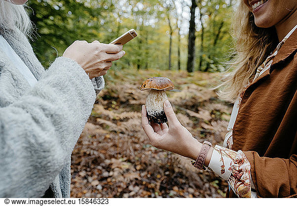 Young women taking snapshot of a porcini mushroom in a forest