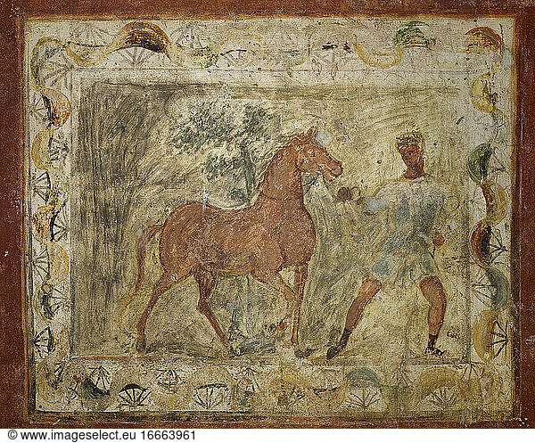 Zähmendes Pferd. Römische Malerei. Domus. 4. Jahrhundert. Aus Merida (Augusta Emerita). Nationalmuseum für römische Kunst. Merida. Spanien.