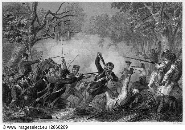ZACHARY TAYLOR (1784-1850). Twelfth President of the United States. General Taylor leading a force against the Seminoles in the Florida Everglades at the Battle of Lake Okeechobee  25 December 1837. Engraving  1860.