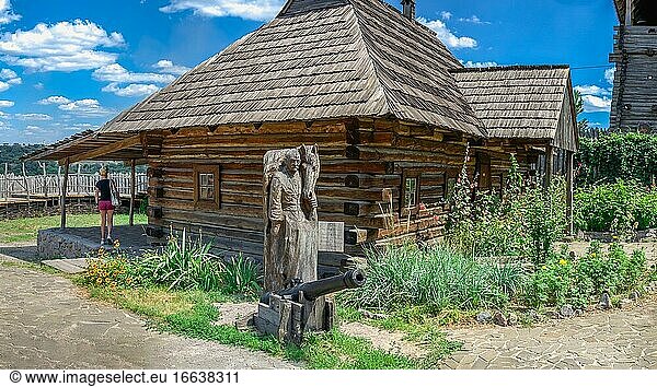 Zaporozhye  Ukraine 07. 20. 2020. Traditional Ukrainian hut in the National Reserve Khortytsia in Zaporozhye  Ukraine  on a sunny summer day.