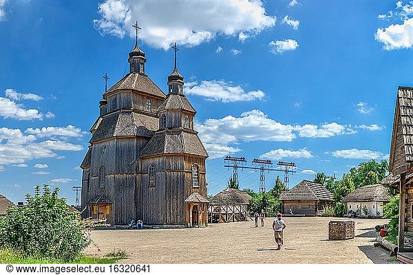 Zaporozhye  Ukraine 07. 20. 2020. Wooden church in the National Reserve Khortytsia in Zaporozhye  Ukraine  on a sunny summer day.