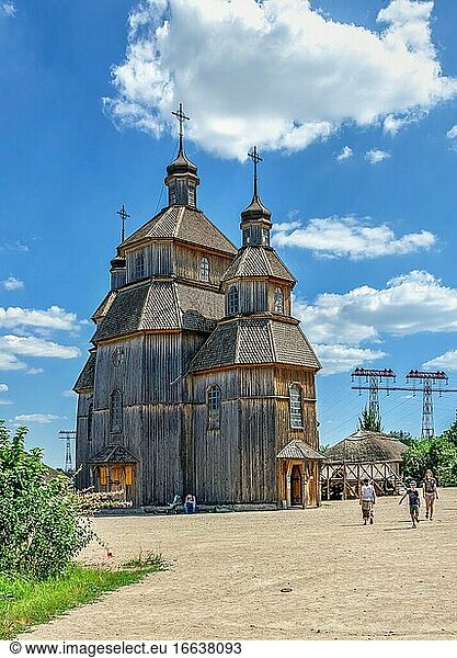 Zaporozhye  Ukraine 07. 20. 2020. Wooden church in the National Reserve Khortytsia in Zaporozhye  Ukraine  on a sunny summer day.