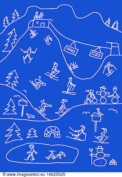 Zeichnung eines Kindes mit verschiedenen Aktivitäten in den Winterferien