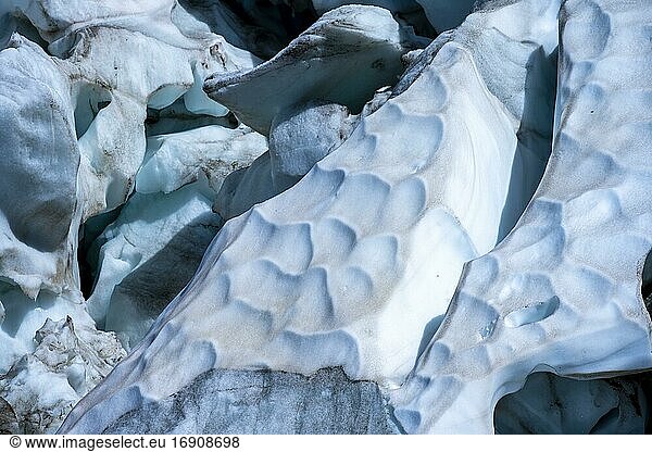 Zerfurchtes Gletschereis  Gletscherzunge  Detail  Glacier des Bossons  La Jonction  Chamonix  Haute-Savoie  Frankreich  Europa
