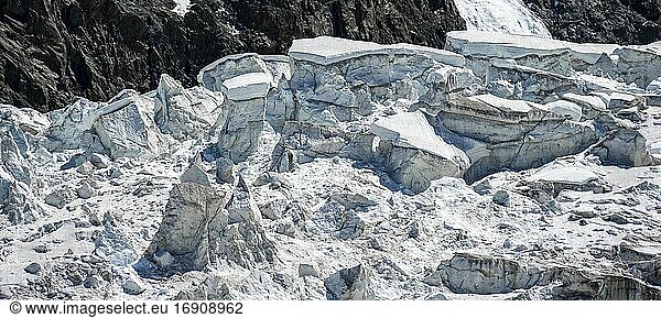 Zerfurchtes Gletschereis  Gletscherzunge  Detail  Glacier des Bossons  La Jonction  Chamonix  Haute-Savoie  Frankreich  Europa