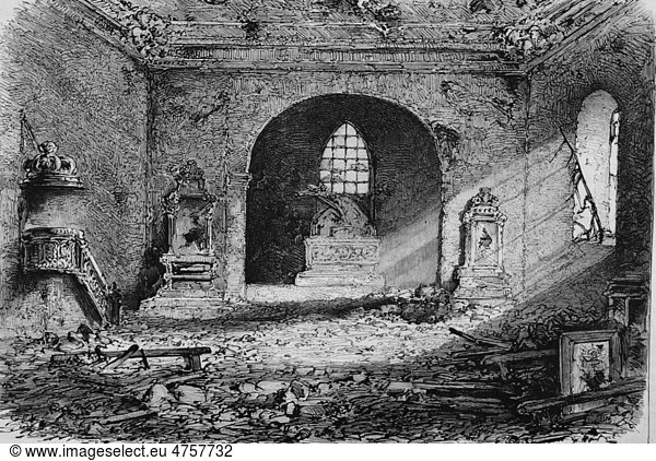 Zerstörungen in der Kirche zu Perouse bei Belfort  Illustrierte Kriegschronik 1870 - 1871  Deutsch-französischer Feldzug