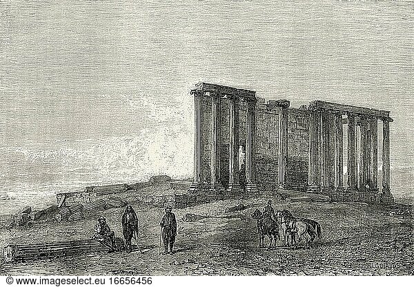 Zeus- und Kybele-Tempel  Ansicht von der Nordseite  Aizani  Türkei. Alter Stich aus dem XIX. Jahrhundert aus Le Tour du Monde 1864.
