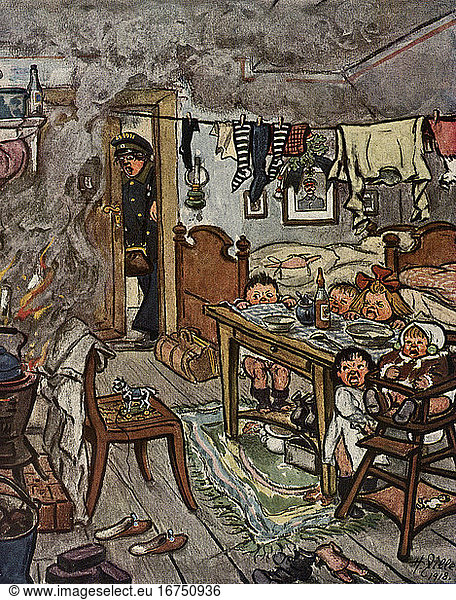 Zille  Heinrich; 1858–1929.
“Good God  kids! I can't even leave you lot alone! (Fire in a room in the house of a working mother).
Colour print after drawing 1918.
From: Zille’s Hausschatz  edited by Hans Ostwald  Berlin (Paul Franke Verlag) 1931  after p. 336.
Berlin  Sammlung Archiv für Kunst und Geschichte.