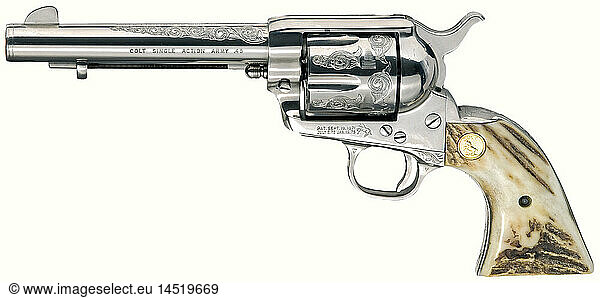 ZIVILE KURZWAFFEN MODERNE SYSTEME  Colt Single Action Army 1873  Kal..45  Nr. 56123SA. Blanker Lauf  LÃ¤nge 5 1/2'. Fertigung 1970. Am Lauf Standardbeschriftung. Lauf  Trommel und GriffstÃ¼ck mit Rankengravur. VollstÃ¤ndige  originale  fehlerfreie Werksvernickelung der gesamten Waffe. Horngriffschalen mit goldenen rampant Colt Medaillons. Neue Erhaltung. Seltenes SammlerstÃ¼ck. Erwerbsscheinpflichtig. ZIVILE KURZWAFFEN MODERNE SYSTEME, Colt Single Action Army 1873, Kal..45, Nr. 56123SA. Blanker Lauf, LÃ¤nge 5 1/2'. Fertigung 1970. Am Lauf Standardbeschriftung. Lauf, Trommel und GriffstÃ¼ck mit Rankengravur. VollstÃ¤ndige, originale, fehlerfreie Werksvernickelung der gesamten Waffe. Horngriffschalen mit goldenen rampant Colt Medaillons. Neue Erhaltung. Seltenes SammlerstÃ¼ck. Erwerbsscheinpflichtig.,