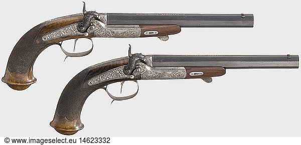 ZIVILE KURZWAFFEN MODERNE SYSTEME - DEUTSCHLAND  Ein Paar Hinterladerpistolen im Kasten  StÃ¶rmer in Herzberg  nach 1870. Gezogene AchtkantlÃ¤ufe im Kaliber 10 mm  auf der Oberseite in Silber eingelegte Herstellerbezeichnung. HÃ¶henverstellbare Kimme (Mechanismus defekt)  Kipplaufmechanismus  Stecherabzug  Hahnsicherung  rÃ¼ckliegende SchlÃ¶sser. Nussholzhalbschaft mit eiserner Garnitur und feiner Rankengravur. Vorderschaft ergÃ¤nzt und Ã¼berarbeitet  LÃ¤ufe und HÃ¤hne neu brÃ¼niert. LÃ¤nge je 40 cm. In mit grÃ¼nem Samt ausgeschlagenem Nussholzkasten mit ZubehÃ¶r (Schraubenzieher  Putz- und Ladestock  Piston- und KimmenschlÃ¼ssel). Im Deckel Klebeetikett. MaÃŸe des Kastens 47 x 26 x 8 cm. Erwerbsscheinpflichtig