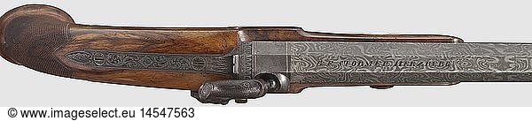 ZIVILE KURZWAFFEN STEINSCHLOSS UND PERKUSSION  Ein Paar Perkussionspistolen  G.F. StÃ¶rmer in Herzberg  datiert 1860. Gezogene DamastlÃ¤ufe im Kaliber 10 5 mm  auf den Oberseiten signiert  Hakenschwanzschrauben mit silbernen Bandeinlagen  SchwanzschraubenblÃ¤tter graviert und nummeriert. RÃ¼ckliegende PerkussionsschlÃ¶sser mit feiner Rankengravur  Pistonschoner und StecherabzÃ¼ge. Auf den Schlossplatten ebenfalls signiert. SchÃ¶n gemaserte HalbschÃ¤fte mit en suite gravierter  eiserner Garnitur  Knaufplatten jeweils bezeichnet '1860 224'. Ein Schaft mit winzigem Spannungsriss im Bereich des Schwanzschraubenblattes. LÃ¤nge je 39 cm
