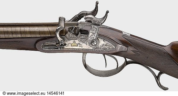 ZIVILE LANGWAFFEN STEINSCHLOSS UND PERKUSSION  Perkussions-DoppelbÃ¼chse  StÃ¶rmer in Herzberg um 1810. Nebeneinanderliegende  brÃ¤unierte DamastlÃ¤ufe mit Hakenschwanzschraube und achtfach gezogenen Seelen im Kaliber 16 5 mm. Silbernes Korn und eingeschobene Eisenkimme. Aptierte  floral und jagdlich gravierte PerkussionsschlÃ¶sser mit zuklappbaren Pistonschonern  die Schlossplatten jeweils mit vergoldeten Marken 'STÃ–RMER HERZBERG'. SchÃ¶ner Nussholzhalbschaft mit Schuber und gewaffelten Handauflagen. Jagdlich und arabeskenfÃ¶rmig geschnittene Eisengarnitur. Silberne Daumenplatte mit KÃ¶nigskrone Ã¼ber Monogramm 'FKW(?)'. Ebenholzladestock mit Horndopper. SchÃ¶ner Zustand. LÃ¤nge 114 5 cm. Erwerbsscheinpflichtig