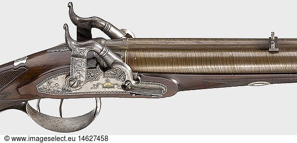 ZIVILE LANGWAFFEN STEINSCHLOSS UND PERKUSSION  Perkussions-DoppelbÃ¼chse  StÃ¶rmer in Herzberg um 1810. Nebeneinanderliegende  brÃ¤unierte DamastlÃ¤ufe mit Hakenschwanzschraube und achtfach gezogenen Seelen im Kaliber 16 5 mm. Silbernes Korn und eingeschobene Eisenkimme. Aptierte  floral und jagdlich gravierte PerkussionsschlÃ¶sser mit zuklappbaren Pistonschonern  die Schlossplatten jeweils mit vergoldeten Marken 'STÃ–RMER HERZBERG'. SchÃ¶ner Nussholzhalbschaft mit Schuber und gewaffelten Handauflagen. Jagdlich und arabeskenfÃ¶rmig geschnittene Eisengarnitur. Silberne Daumenplatte mit KÃ¶nigskrone Ã¼ber Monogramm 'FKW(?)'. Ebenholzladestock mit Horndopper. SchÃ¶ner Zustand. LÃ¤nge 114 5 cm. Erwerbsscheinpflichtig
