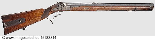 ZIVILE LANGWAFFEN STEINSCHLOSS UND PERKUSSION  Perkussionsstutzen  Wolfgang Leithner  Bad Ischl/OberÃ¶sterreich um 1850. Schwerer  achtfach gezogener Achtkantlauf im Kaliber 13 mm mit Hakenschwanzschraube. Eingeschobenes Eisenkorn und hÃ¶henverstellbare Kimme mit zuklappbarer Diopter auf der Schwanzschraube. Ãœber der Kammer graviert 'W. LEITHNER IN ISCHL'. Vor dem Schloss seitliche Laufbohrung (rumÃ¤nische Deaktivierung). Floral und jagdlich graviertes Perkussionsschloss mit wiederholter Signatur und zuklappbarem Distanzhalter. Deutscher Stecher mit gefingertem AbzugsbÃ¼gel und Kolbenkappe aus Eisen. Beschnitzter Nussholzvollschaft (Fehlstelle vor dem Schloss) mit Hirschhornnase und Schuber. Auf der Wange in Neusilber eingelegte Gemse. Originaler Holzladestock mit Horndopper und eisernem Abschluss. Durch Restaurierung gut zu verbessernde BÃ¼chse. LÃ¤nge 90 cm. Wolfgang Leithner  Bad Ischl ca. 1850 - 80  K.u.K. HofbÃ¼chsenmacher