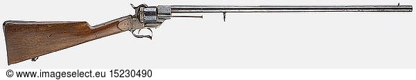ZIVILE LANGWAFFEN STIFTFEUER  Lefaucheux-Revolvergewehr  Frankreich um 1860. Kal. 11 mm Lefaucheux  ohne Nummer  single action. Runder Lauf mit seitlichem HÃ¼lsenausstoÃŸer. SechschÃ¼ssige Trommel. Kolben aus Nussbaumholz mit eiserner Garnitur. Originale BrÃ¼nierung zu ca. 90 % erhalten  teils fleckig. Trommeltransport defekt. LÃ¤nge 105 cm. Erwerbsscheinpflichtig