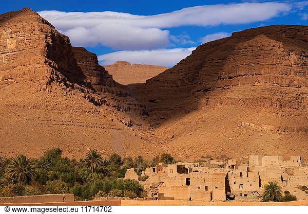 Ziz River Oued Ziz Gorges du Ziz Ziz Valley Ziz Gorges Old Kasbah Oasis Tafilalet region Morocco North Africa.
