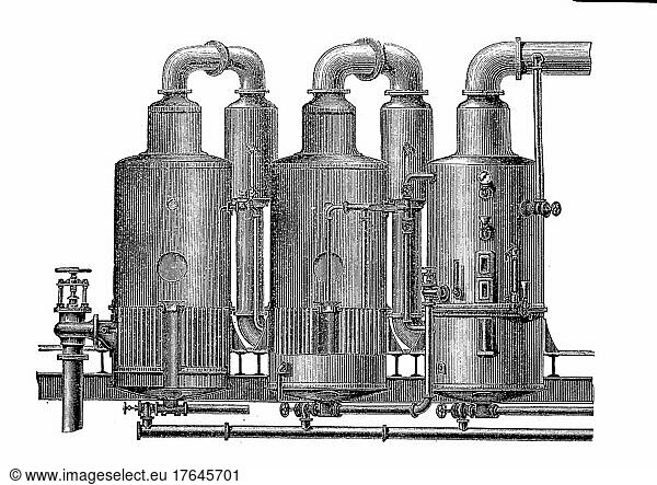 Zuckerraffinerie im 19. Jahrhundert  Stehender Verdampfungsapparat  digital restaurierte Reproduktion einer Originalvorlage aus dem 19. Jahrhundert