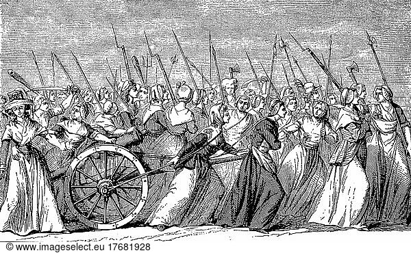 Zug der Frauen nach Versailles während der Französischen Revolution im Oktober 1789  am 5. Oktober 1789  Historisch  digital restaurierte Reproduktion einer Vorlage aus dem 19. Jahrhundert  Originaldatum unbekannt