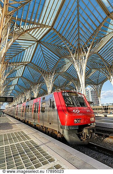 Zug im Bahnhof Lissabon Lisboa Oriente moderne Eisenbahn Bahn Architektur in Lissabon  Portugal  Europa