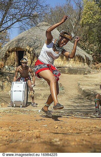 Zulu-Tänzer in traditioneller Kleidung tanzen den Ingoma-Krieger-Tanz. Dorf Creda Mutwa  Südafrika