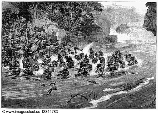 ZULU WARRIORS  1879. Zulu warriors crossing a river during the Zulu War in South Africa. Wood engraving  1879.