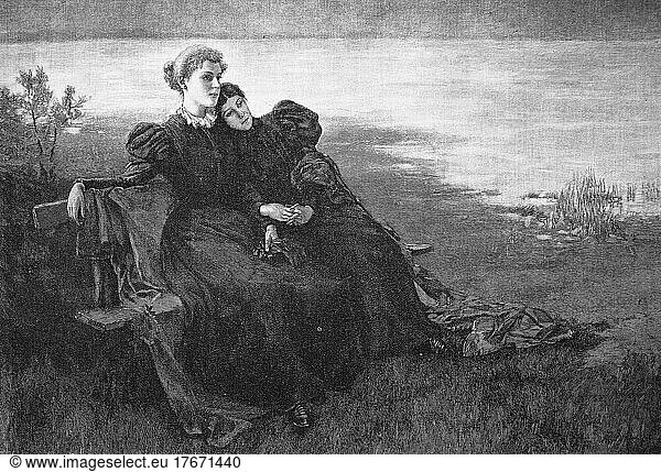 Zur Dämmerstunde  Zwei Frauen sitzen in melanchonischer Stimmung auf einer Bank am See  1898  Historisch  digitale Reproduktion einer Originalvorlage aus dem 19. Jahrhundert  Originaldatum nicht bekannt