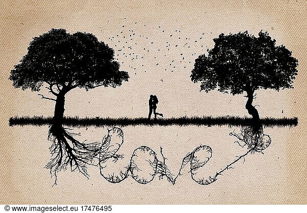Zwei Bäume vor einander wachsen in Liebe Beziehung und Romantik Konzept mit unterirdischen Wurzeln verschmelzen zusammen in Form von Liebe Wort. Beziehung und Zweisamkeit