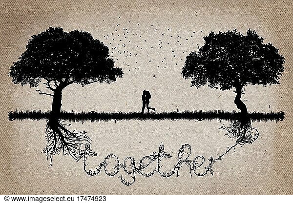 Zwei Bäume voreinander  deren Wurzeln in Form des Wortes zusammenwachsen  und ein Paar  das sich in der Mitte umarmt. Romantische Szene. Beziehung Liebe und Zweisamkeit Konzept
