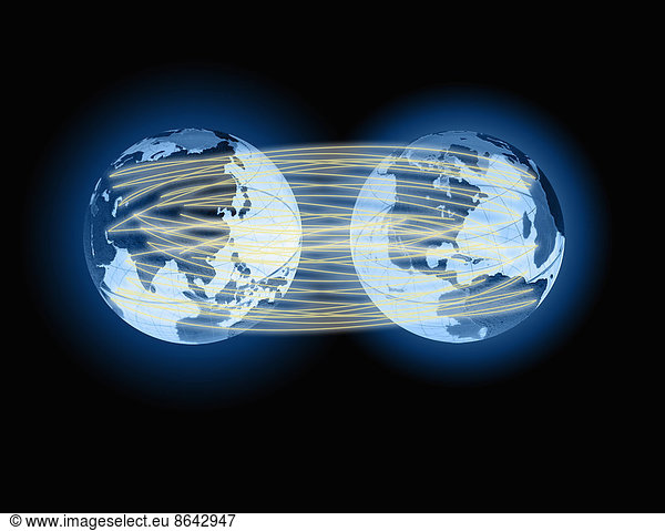 Zwei durch Lichtlinien verbundene Kugeln  die für globale Kommunikation stehen.