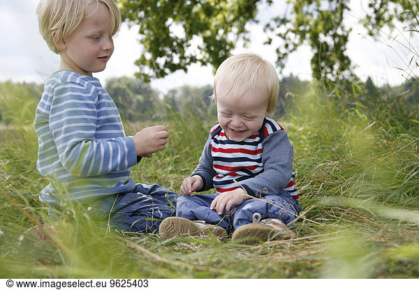 Zwei kleine Brüder auf einer Wiese sitzend
