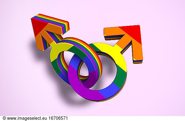 Zwei verbundene männliche Symbole farbige Homosexuell Stolz Flagge