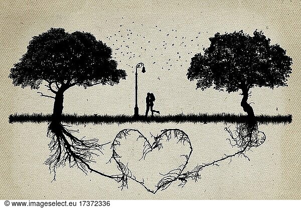 Zwei voreinander stehende Bäume mit unterirdischen Wurzeln  die in Form eines Herzens zusammenwachsen  und ein Paar  das sich in der Mitte umarmt. Beziehung Liebe und Zweisamkeit Konzept
