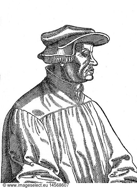 Zwingli  Ulrich  1.1.1484 - 11. 10.1531  schweiz. Reformator  Halbfigur  Holzschnitt Zwingli, Ulrich, 1.1.1484 - 11. 10.1531, schweiz. Reformator, Halbfigur, Holzschnitt,