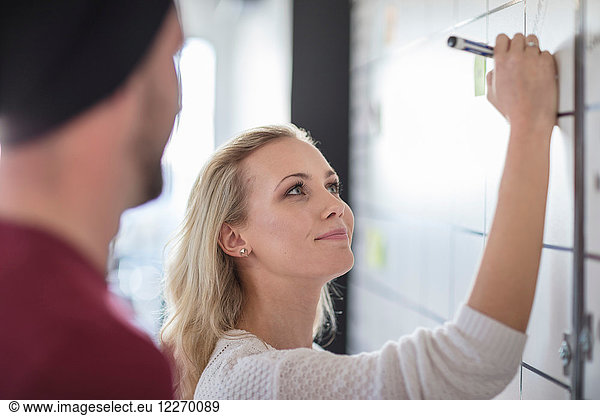 Male and female colleague planning ideas on office whiteboard, over shoulder view
