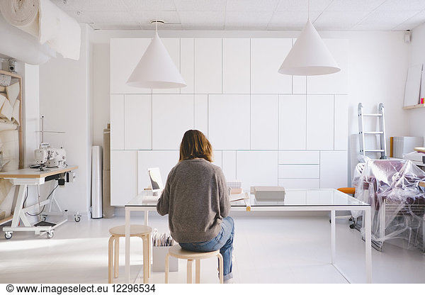 Rear view of entrepreneur working at desk in store